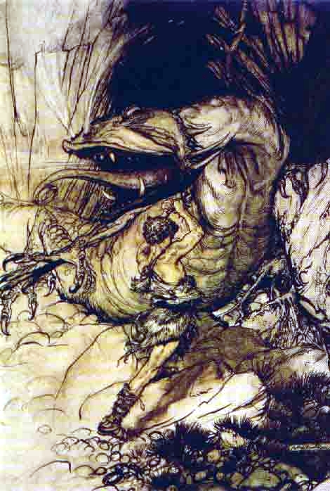 Sigurd kills Fafnir 
        by Arthur 
        Rackham
