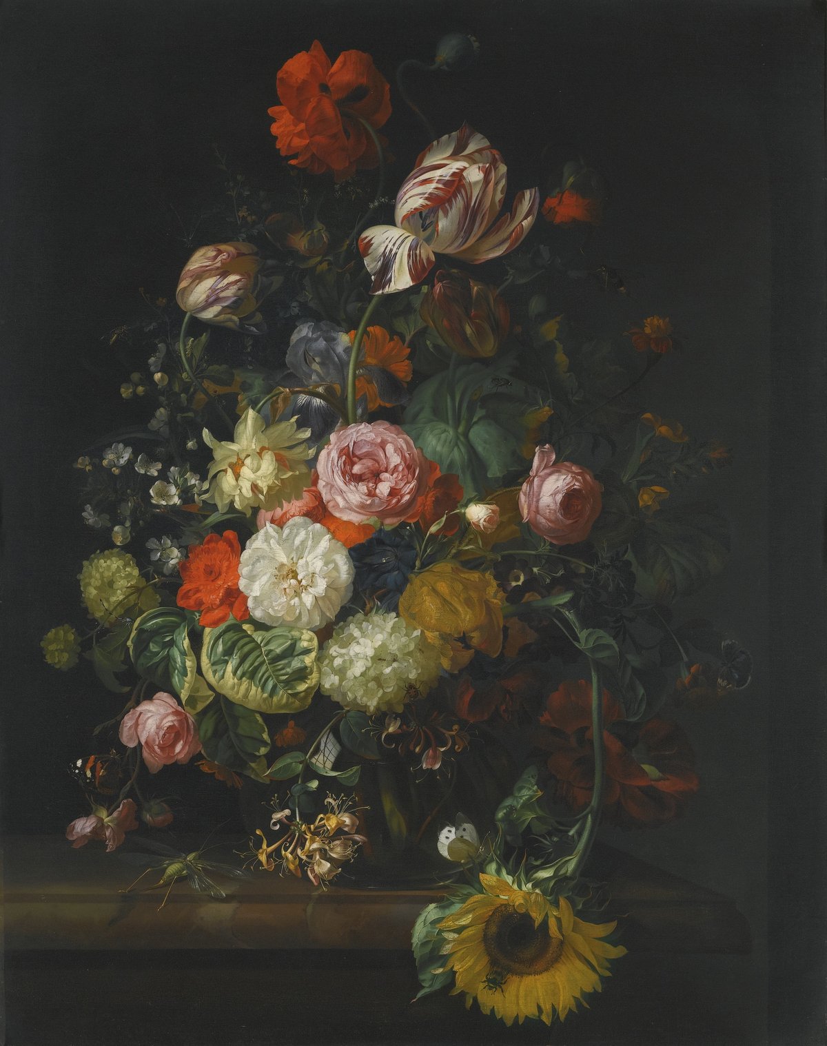 Rachel Ruysch, Flower Still Life (1710) — roses, tulips, and a sunflower in a glass vase