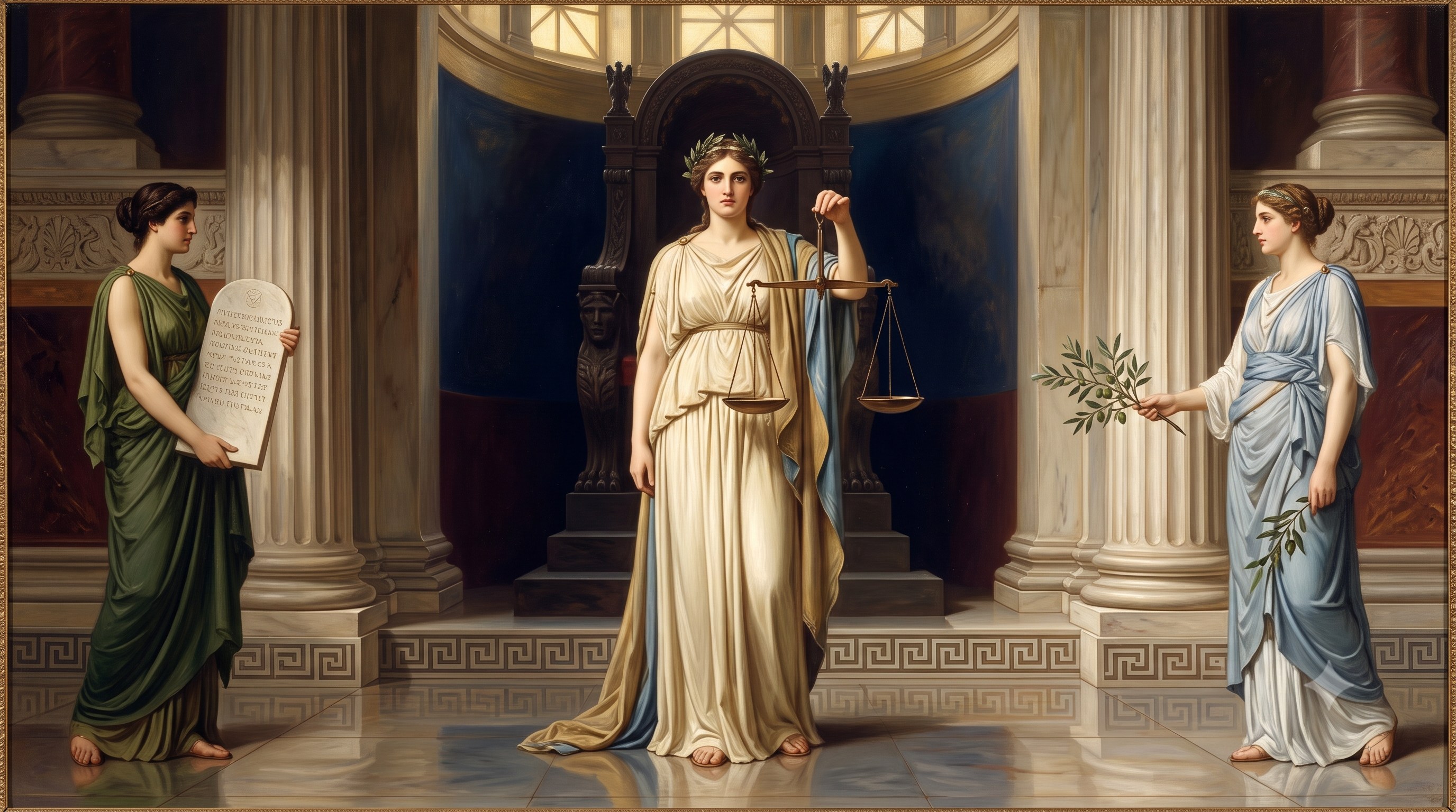 Dike holding the scales of justice before the throne of Zeus, flanked by Eunomia with a law tablet and Eirene with an olive branch