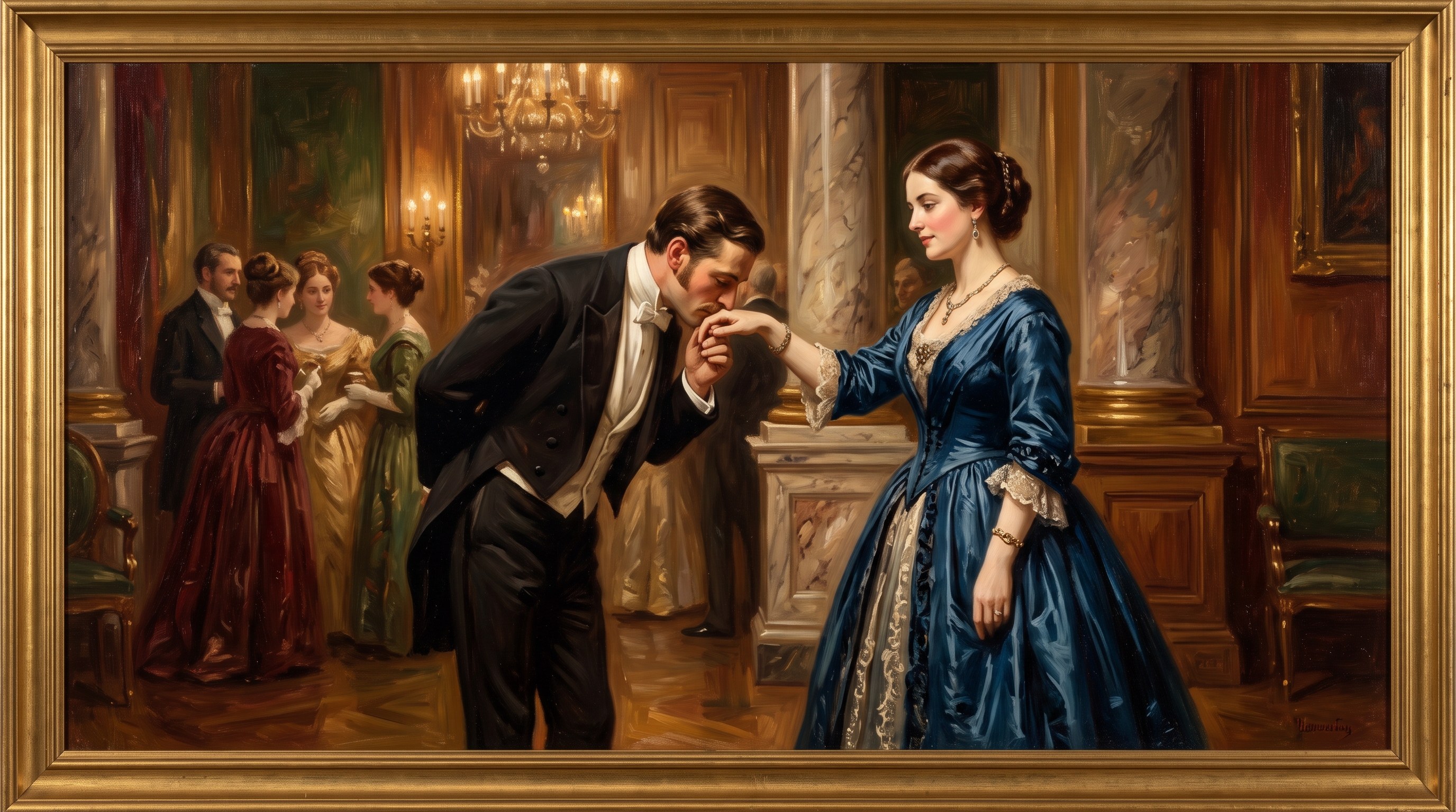 A gentleman bowing to kiss a lady's hand in greeting in a formal salon